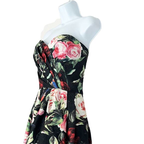 Sherri Hill Formal Gown Size 14 Black Red Floral Strapless High-Low Train - Picture 6 of 12